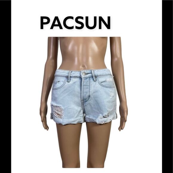 Pacsun Girlfriend 90’s Y2K Light Wash Blue Denim Distressed Cut Off  Shorts 24 - Picture 1 of 10